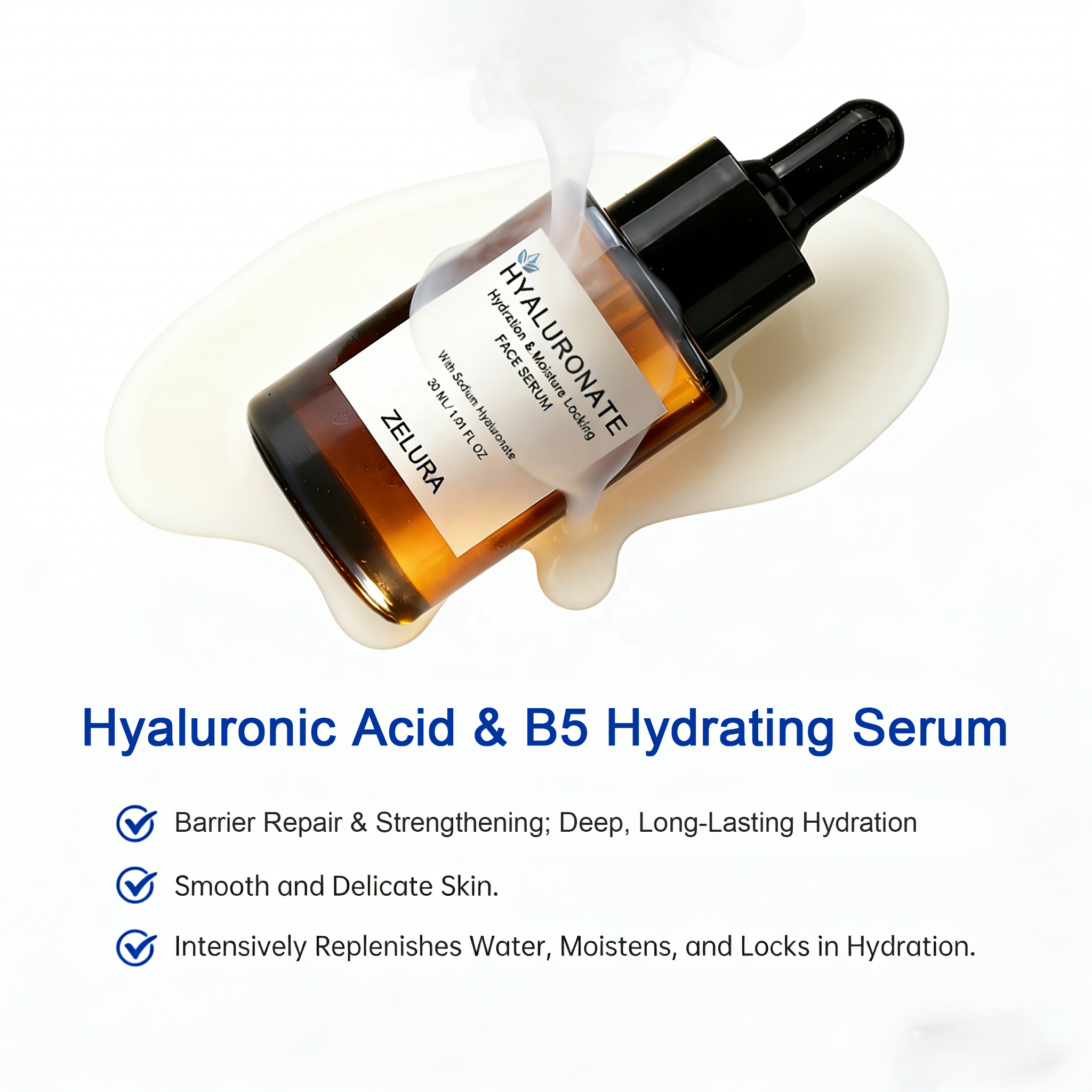 30ml Hyaluronic Acid Pro-Vitamin B5 Squalane Hydrating Serum Barrier Repair Deep Long-Lasting Hydration Facial Skin Care OEM