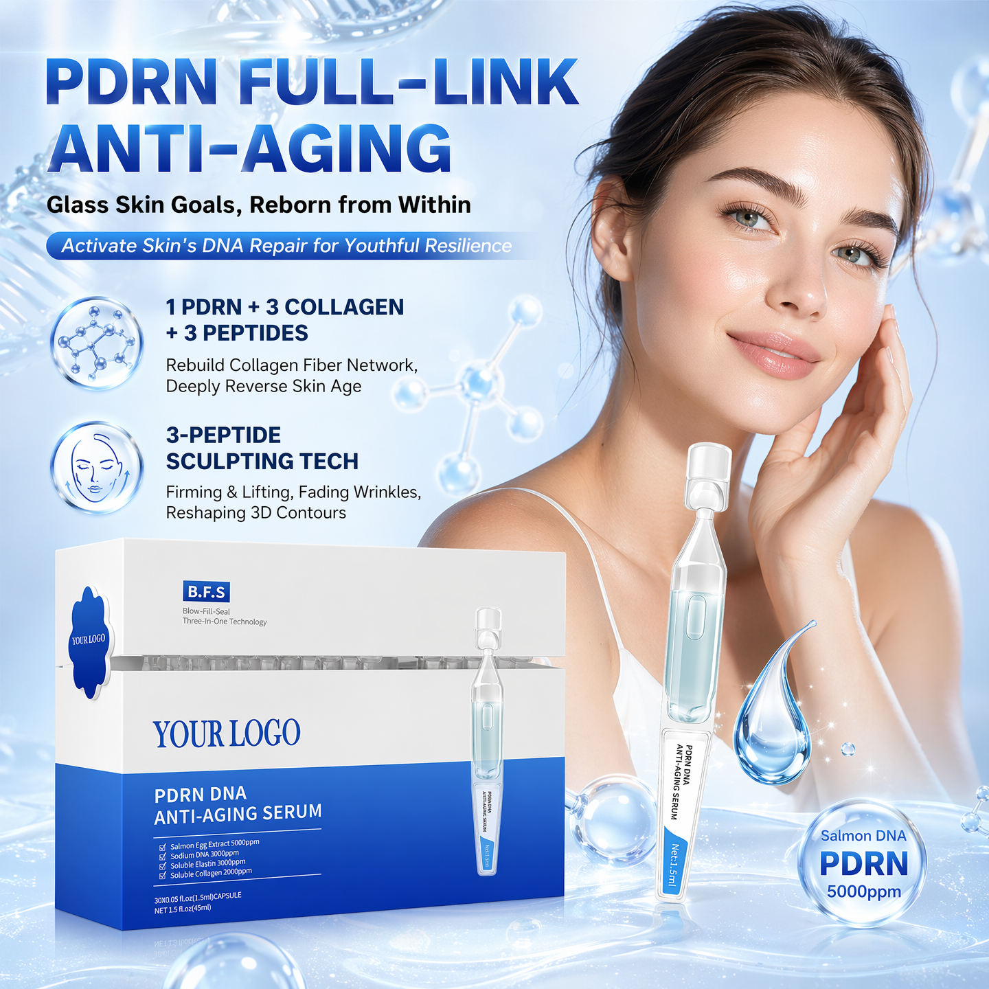 Patented 5000ppm PDRN Salmon DNA Serum BFS Aseptic Filling Anti Aging Wrinkle Firming Barrier Repair Skincare OEM Manufacturer