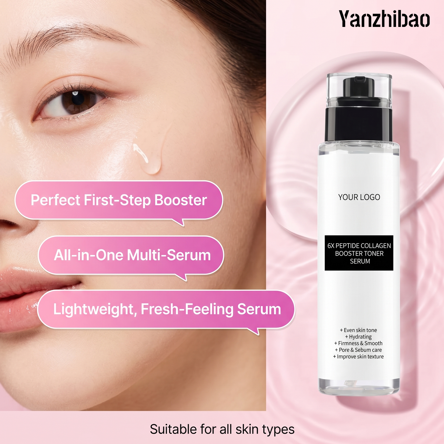 Custom 6X Peptide Collagen Booster Toner Serum with Niacinamide &amp; Hyaluronic Acid Facial Essence for All Skin Types