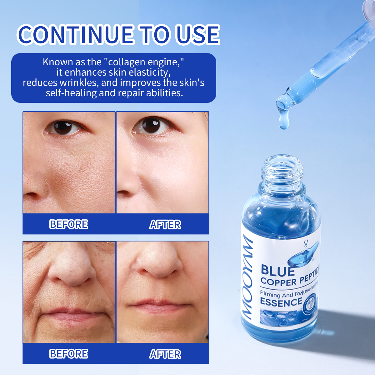 Private Label Facial Serum Tightening Repairing Collagen Boosting Blue Copper Peptide Serum With Hyaluronic Acid