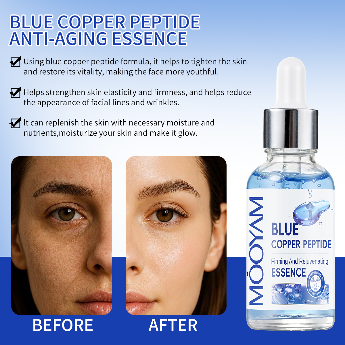 Private Label Facial Serum Tightening Repairing Collagen Boosting Blue Copper Peptide Serum With Hyaluronic Acid