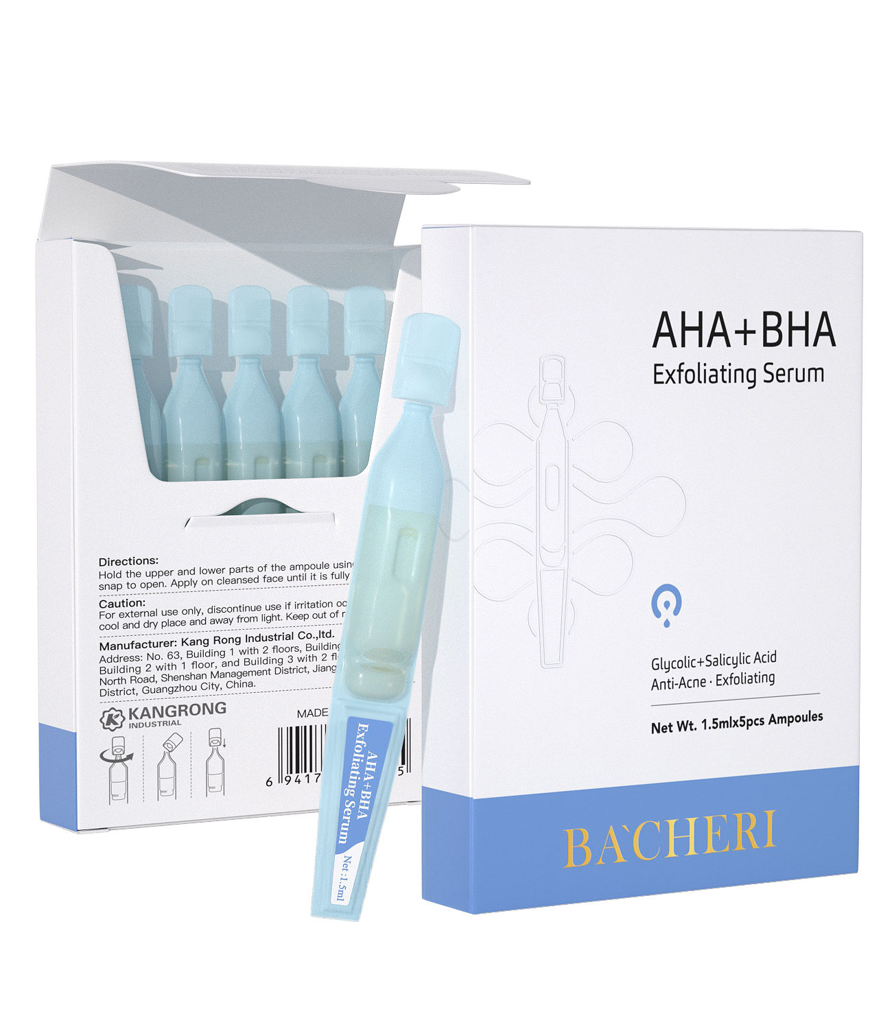 Kangrong Private Label Whitening Aloe Vera Acne Scar Resurfacing Exfoliating AHA BHA Salicylic Kojic Acid Facial Serum Ampoules