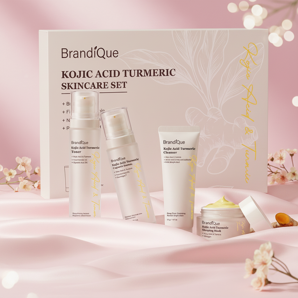 Private Label Kojic Acid Turmeric Skincare Set Niacinamide Glycolic Acid Serum Toner Cleanser Sleeping Mask Face Care