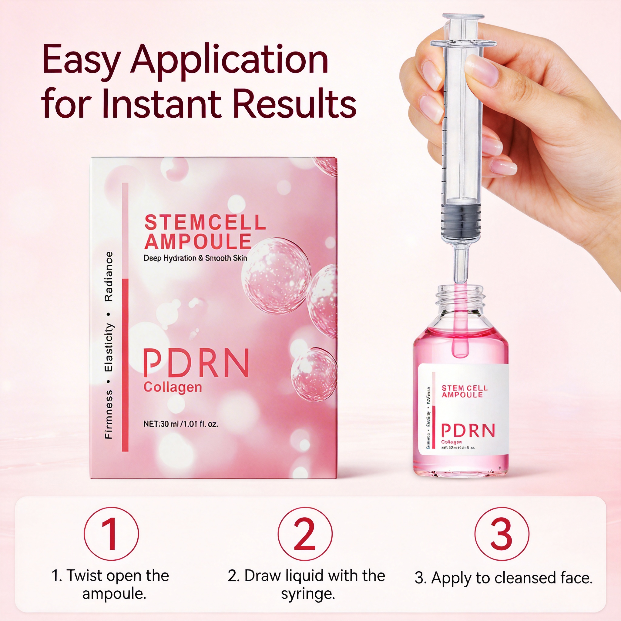 Collagen STEM Cell Serum Moisturizer with Hyaluronic Acid &amp; Vitamin C Anti-Wrinkle 30ml Liquid Face Pink