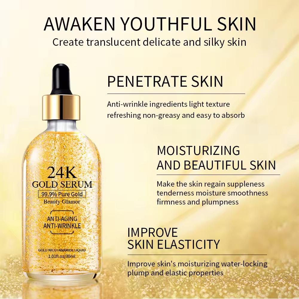 Wholesale Moisturizing Hydrating Nourishing Skin Care Gold Foil Anti-aging Anti-wrinkle 24K Gold Niacinamide Face Serum 30ml