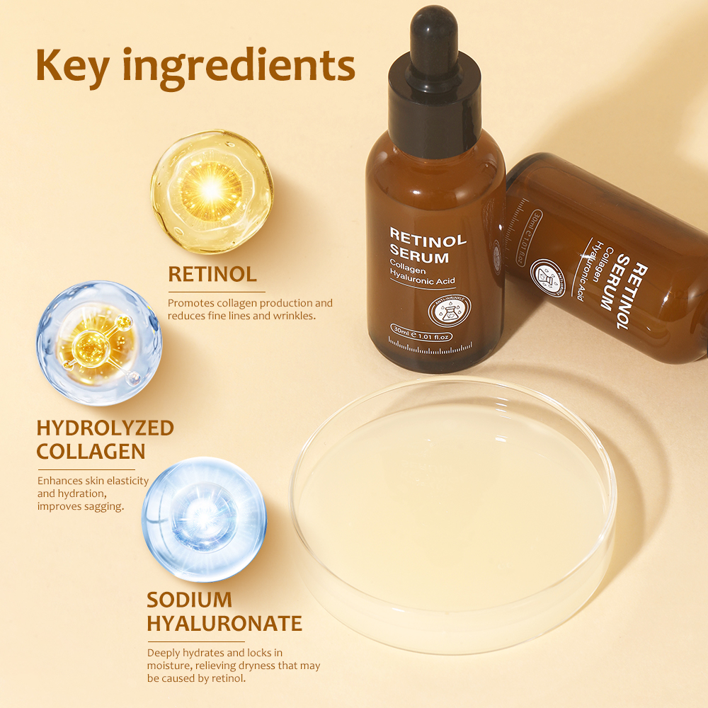 Retinol Collagen Hyaluronic Acid Facial Serum 30ml Anti Aging Skin Brightening Firming Wrinkle Reducing OEM Private Label
