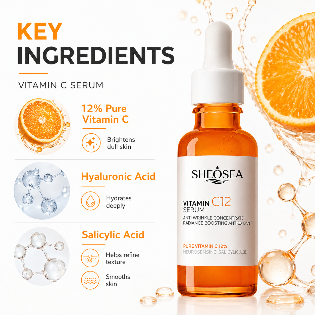 SHEOSEA 12% Vitamin C12 Serum Anti Wrinkle Radiance Boosting Antioxidant Facial Skin Care Concentrate