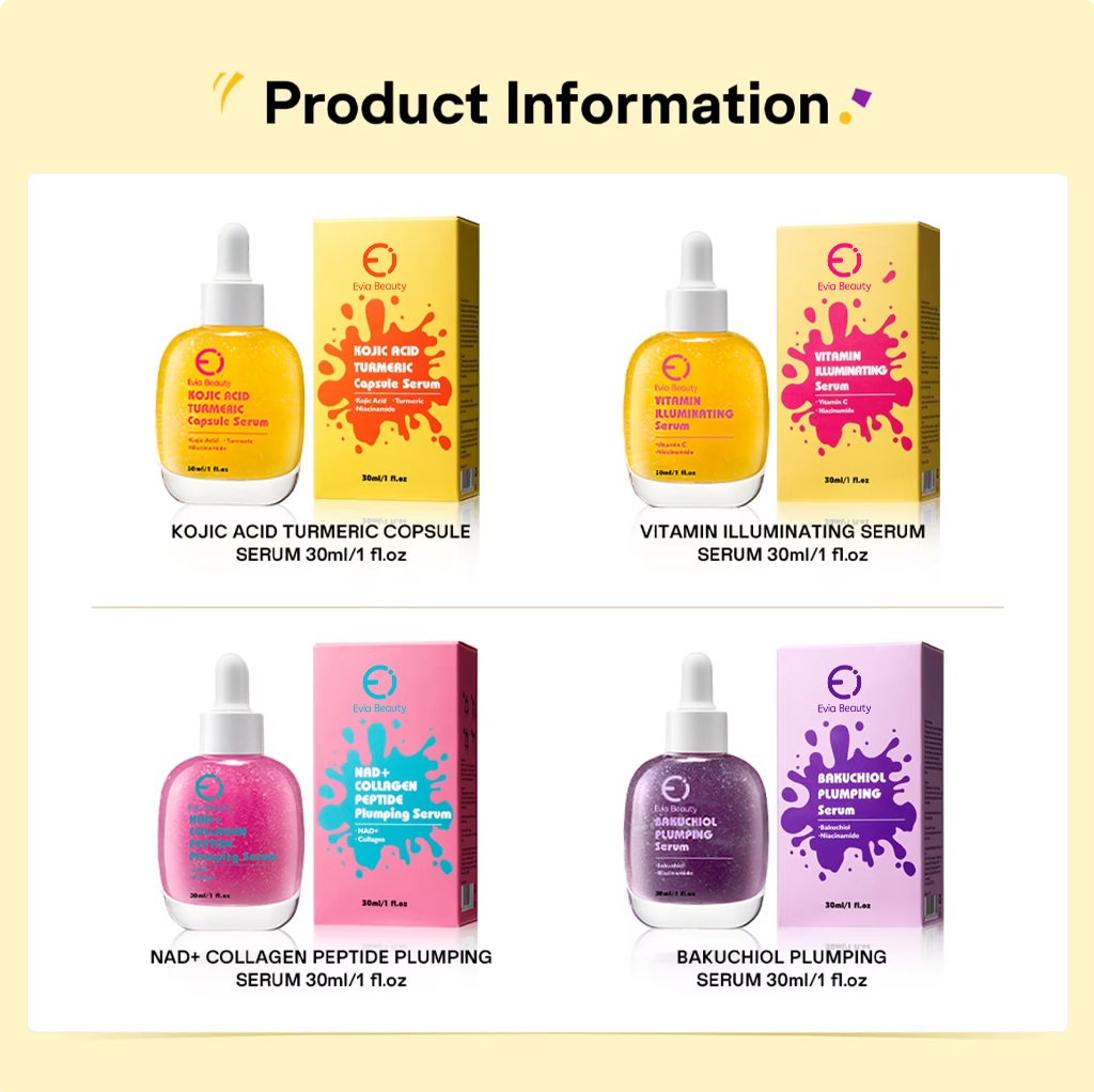 Private Label 4-Step Skincare Solution Set Anti-Aging Anti-Wrinkle Kojic Acid Turmeric Serum NAD+ Collagen Peptide Plumping