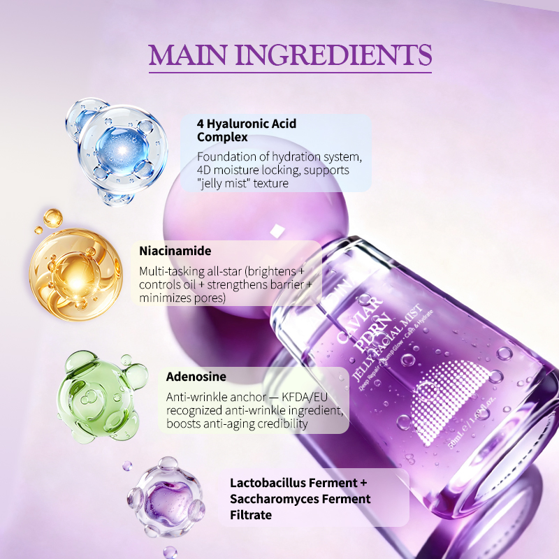 OEM Caviar Jelly Serum Mist Hydrating Revitalizing Face Spray Firming Skin Fade Fine Lines Improve Dull Brightening Facial Serum