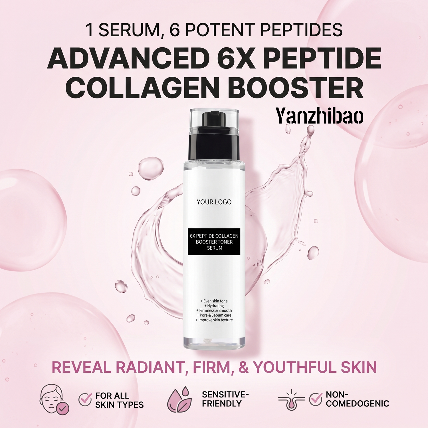 Custom 6X Peptide Collagen Booster Toner Serum with Niacinamide &amp; Hyaluronic Acid Facial Essence for All Skin Types