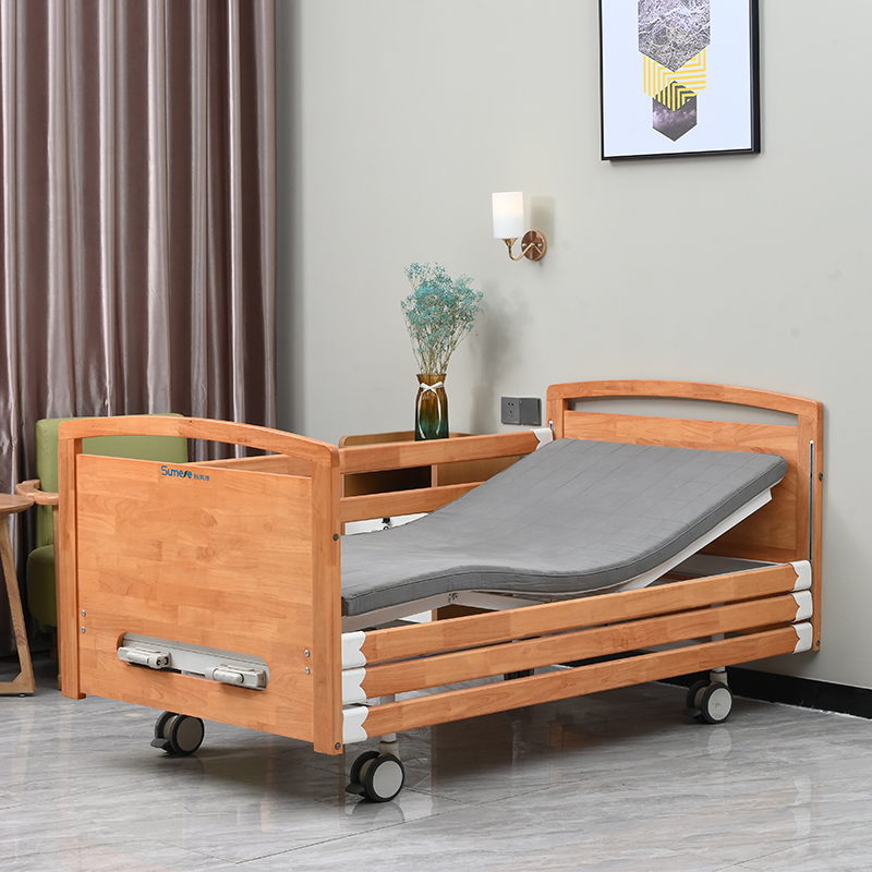 Hospital Furniture Medical Manual Back-Rest Patient Home Care Nursing Bed with Wooden Safety Guardrails