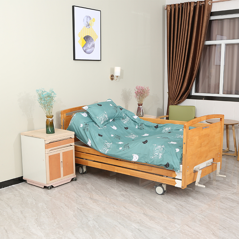 Hospital Furniture Medical Manual Back-Rest Patient Home Care Nursing Bed with Wooden Safety Guardrails