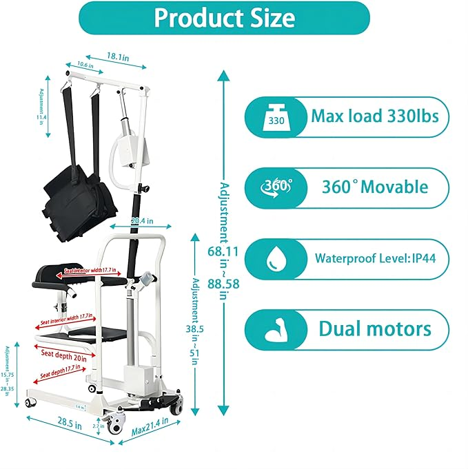 Electric Patient Transfer Chair Lift Wheelchair with Sling and Adjustable Height
