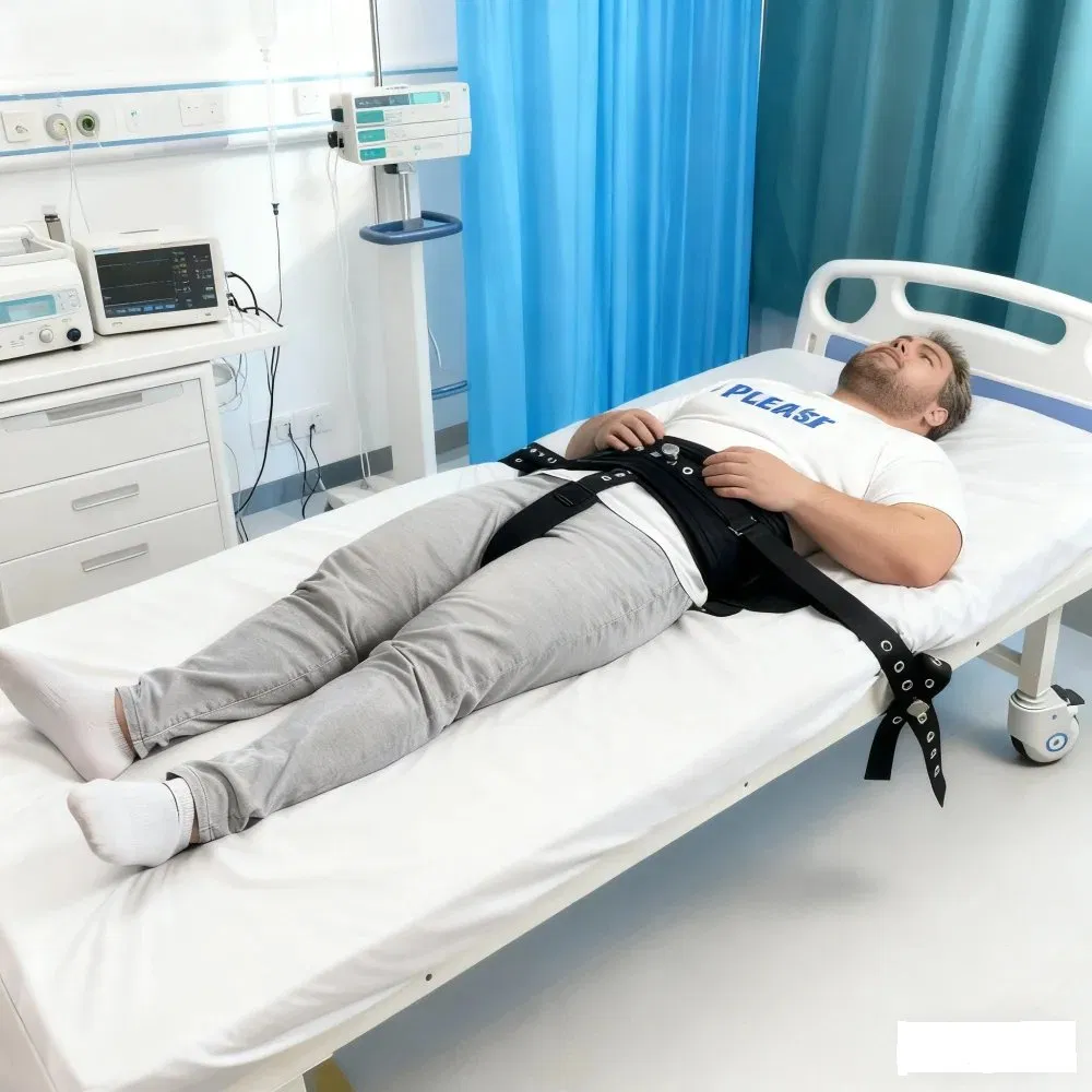 Adjustable Medical Restraint System with Magnetic Locking Belly Restraints Detachable Crotch Strap Patient Bed Fixing Black