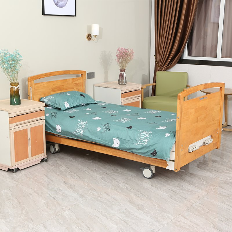 Hospital Furniture Medical Manual Back-Rest Patient Home Care Nursing Bed with Wooden Safety Guardrails