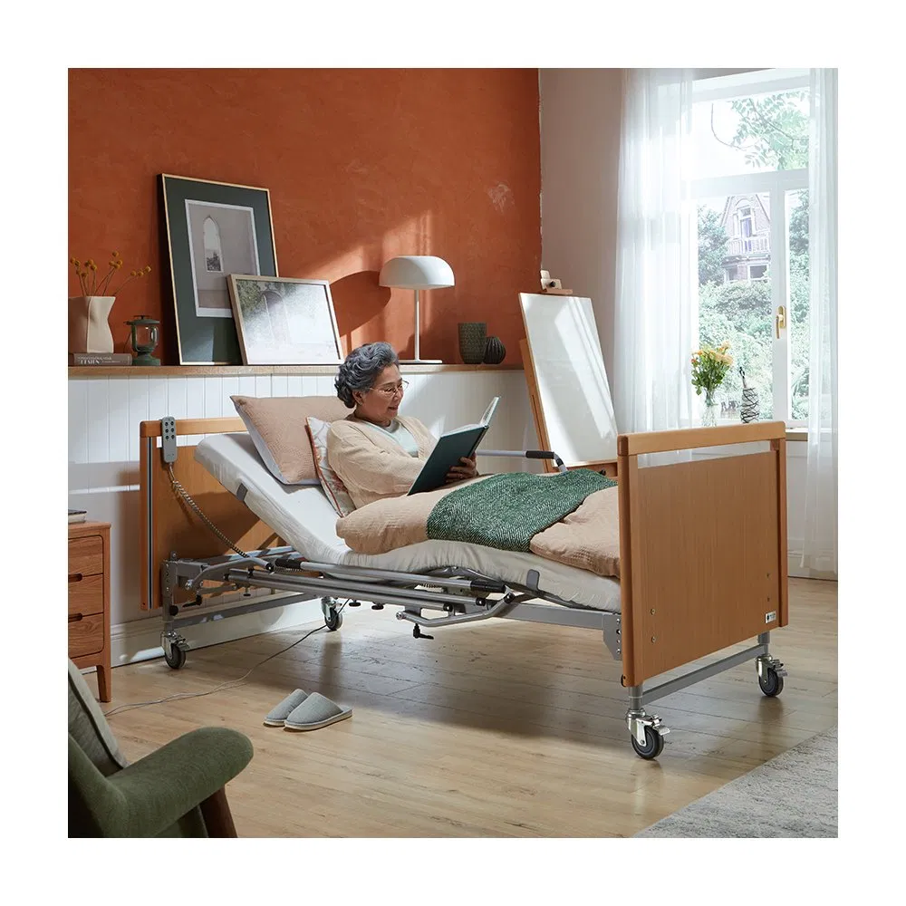 Electric Wooden Hospital Bed with Adjustable Frame and Safety Rails