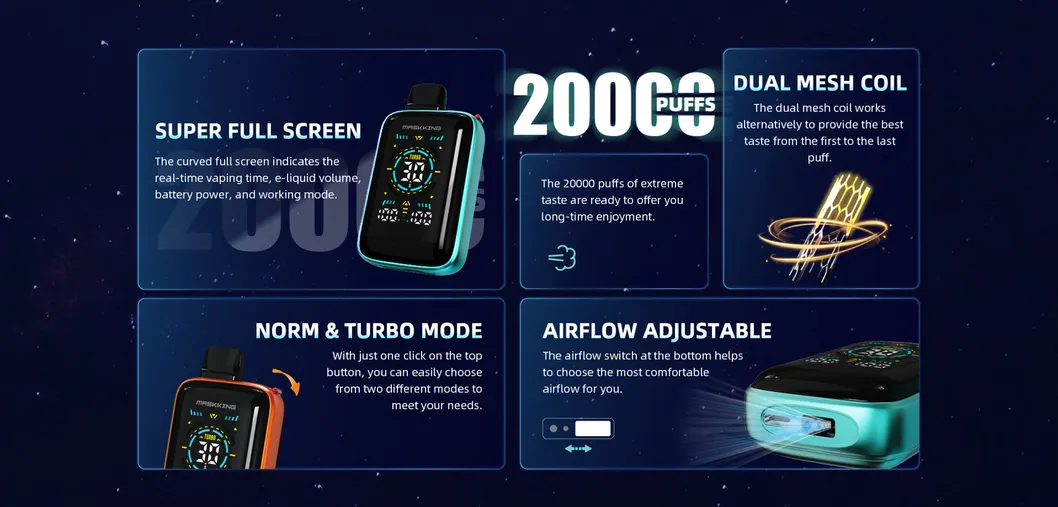 20K 20000 Puffs Vape Disposable Pen Box Mod Smart LED Screen Display Electric Cigar Vape Pen with Airflow Control