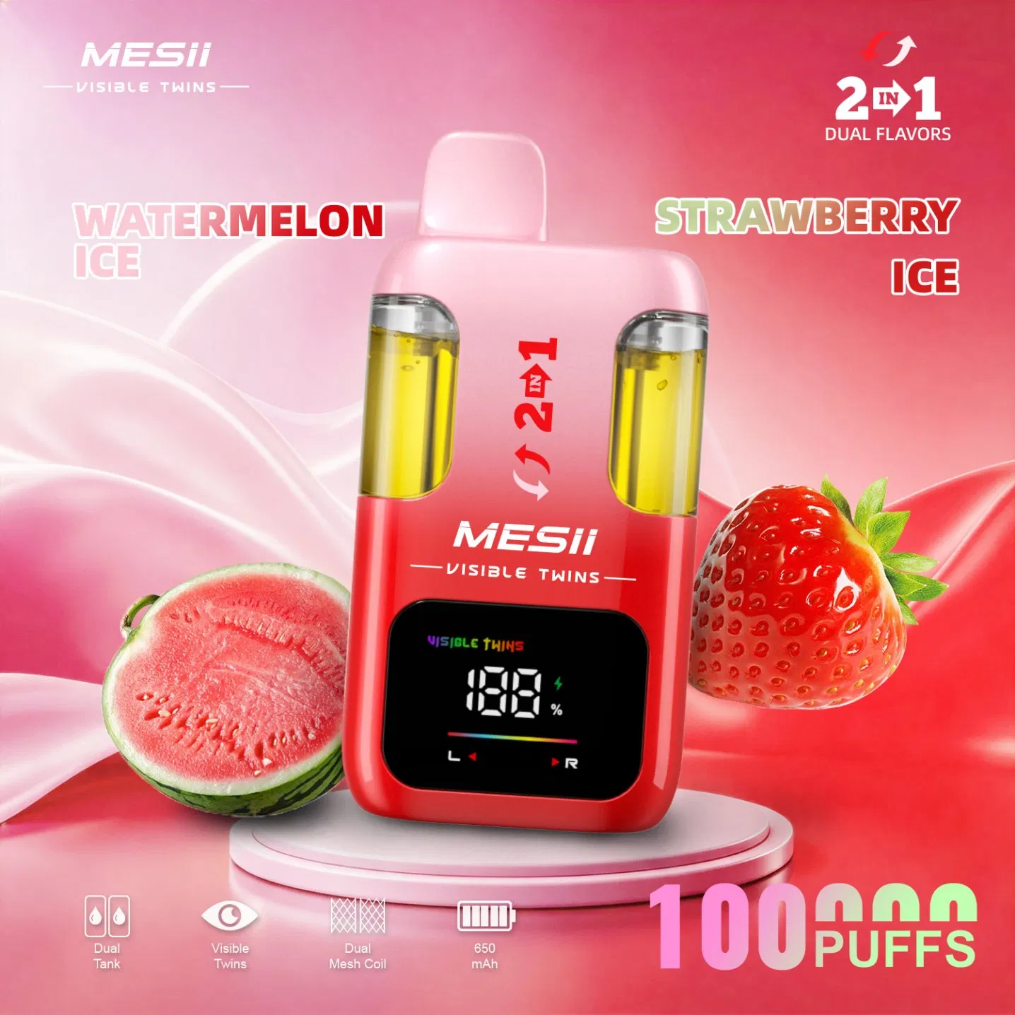 Mesii Visible Twins 100K 100000 Puffs Disposable Vape 2in1 Flavours Dual Mesh Coil 15ml+15ml E-Liquid Disposbale Vape