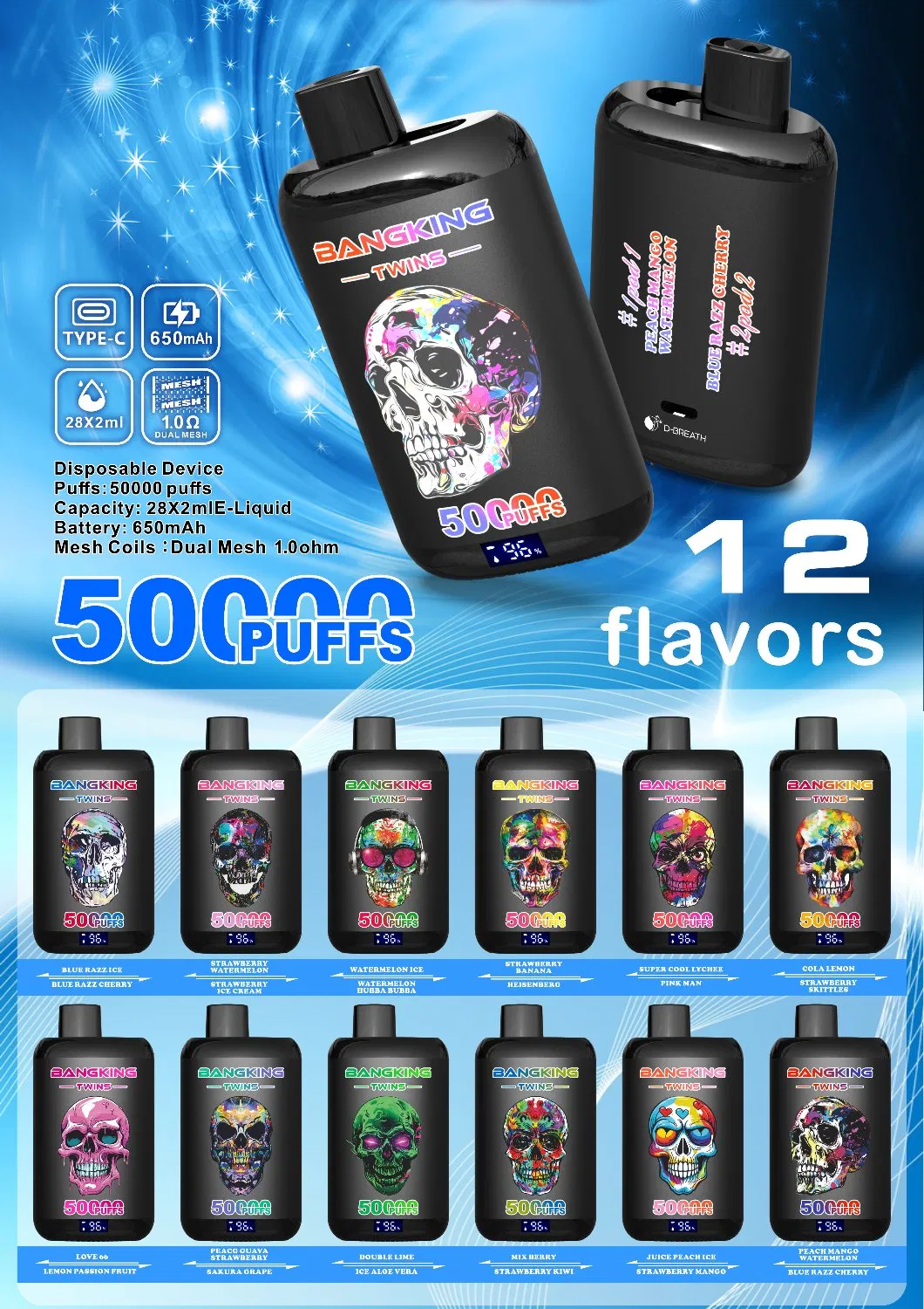 Wholesale Bang King Twins 50000 Puffs Dual Flavors Vaper Electronic Cigarette 50K Puff Vape Mini Hookah 50K Puff Disposable Vape EU Warehouse Vape Factory 30000