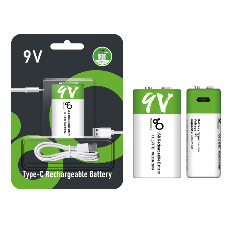 Smartoools Rechargeable 9V Type-C USB Lithium Ion Battery 650mAh Non Zinc Carbon Battery CE/FCC Certified 2-Year Warranty Smoke