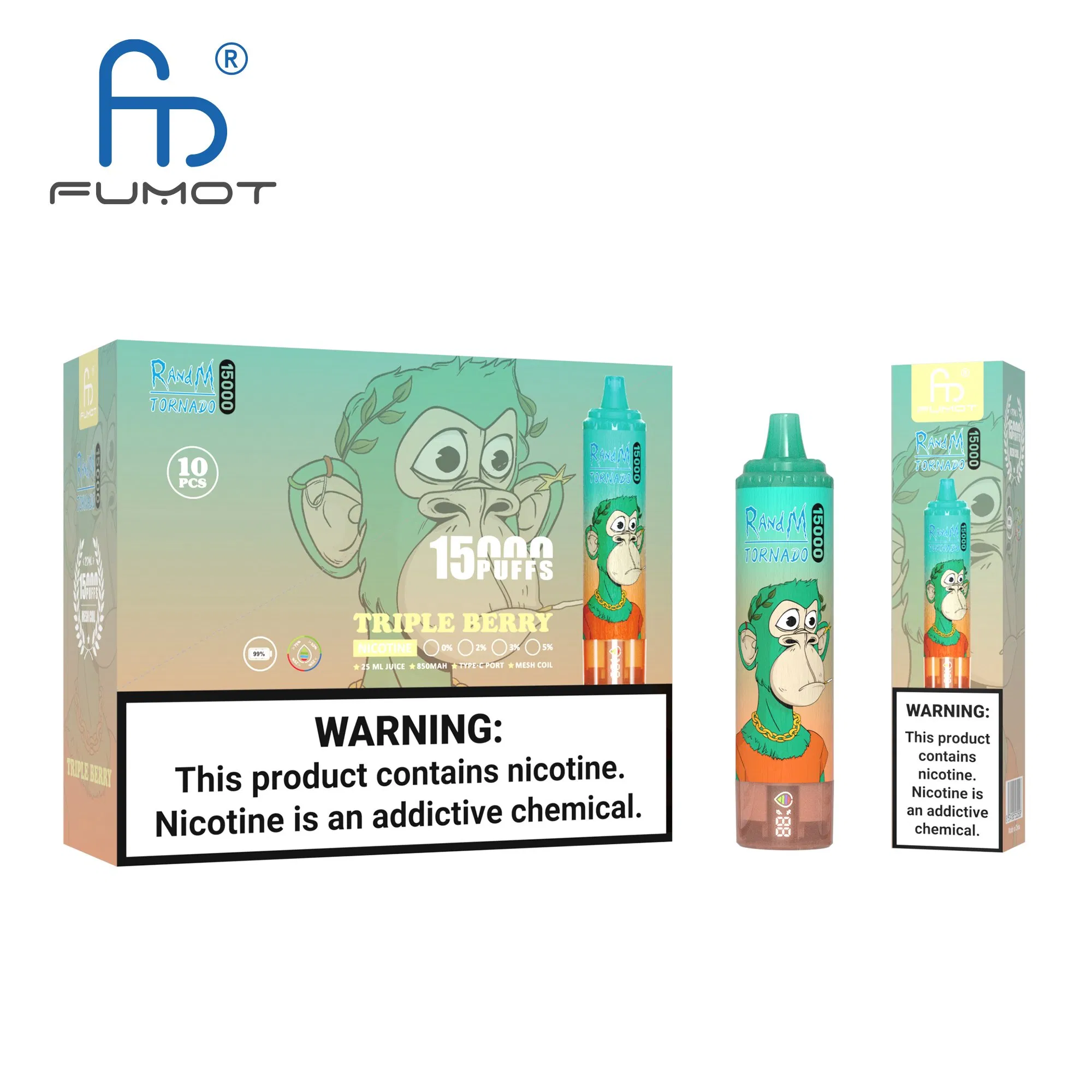 Fumot Randm Vape Tornado 15000 Puffs Disposable E Cigarette 15K Screen Display 0% 2% 3% 5% Mesh Coil Rechargeable Vapor Puff Vape