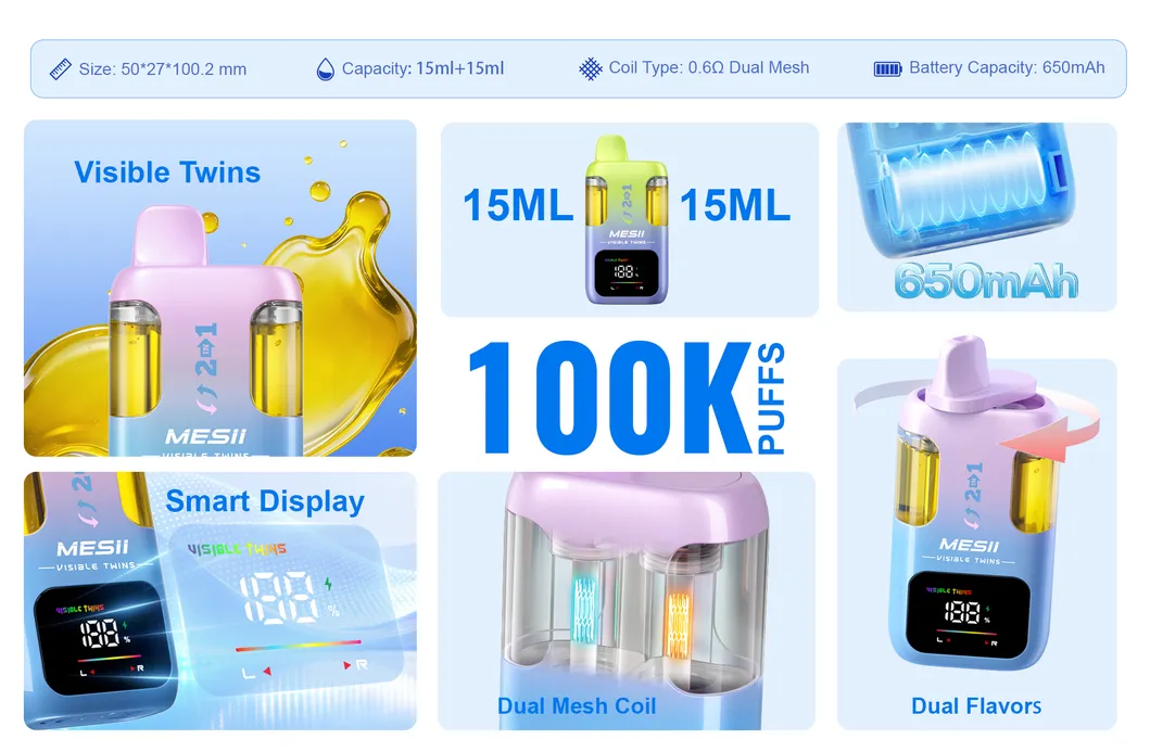 Mesii Visible Twins 100K 100000 Puffs Disposable Vape 2in1 Flavours Dual Mesh Coil 15ml+15ml E-Liquid Disposbale Vape