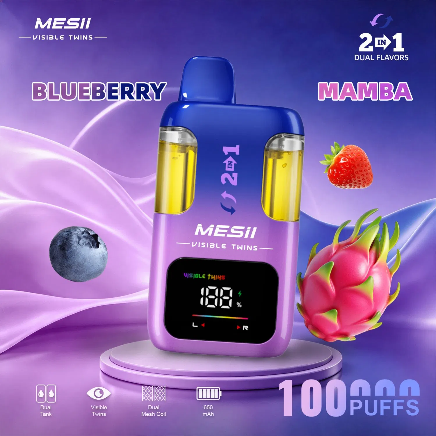 Mesii Visible Twins 100K 100000 Puffs Disposable Vape 2in1 Flavours Dual Mesh Coil 15ml+15ml E-Liquid Disposbale Vape