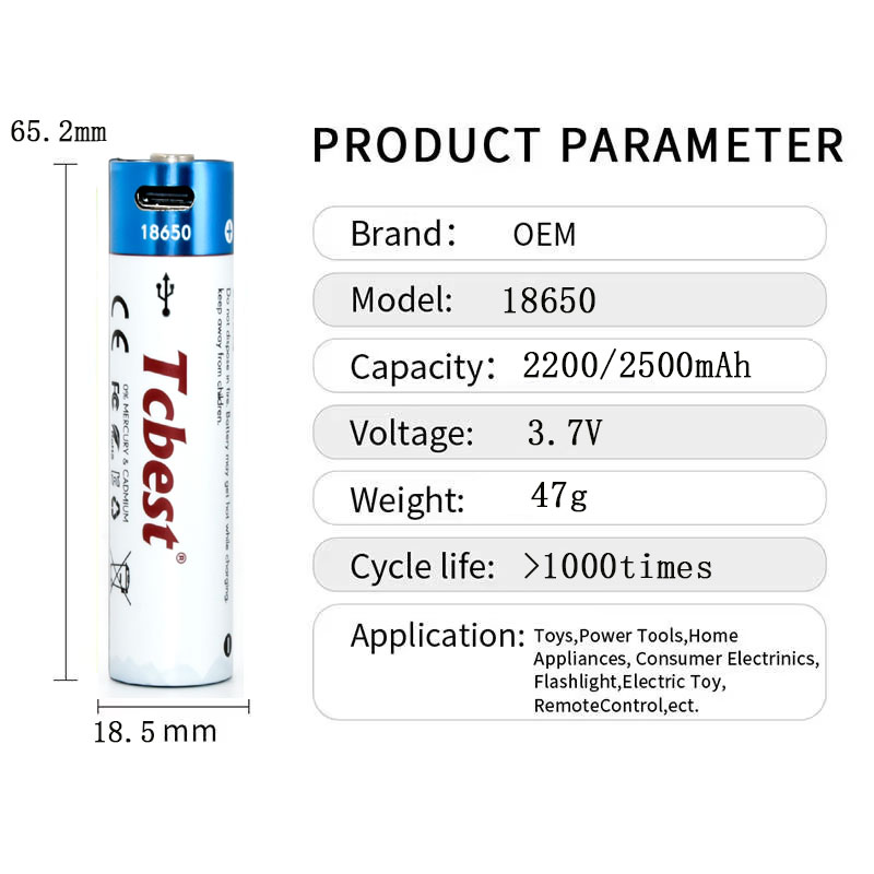 Factory Price USB Type-C Rechargeable 3.7v 18650 Cylindrical Lithium Ion Batteries