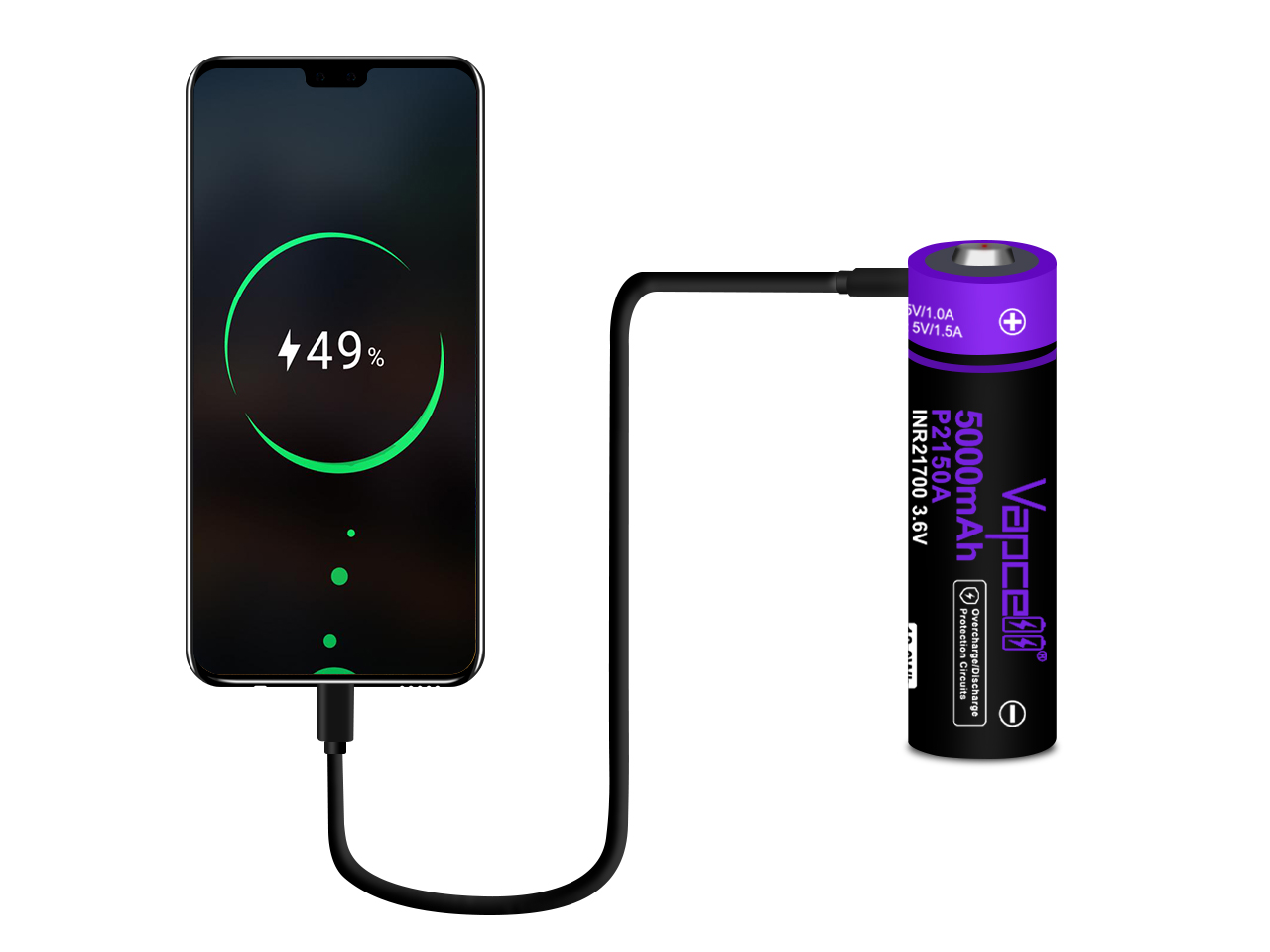 Vapcell 3.7v 18650/21700 Type-c/USB-C Fast Charge PCB in Anode Rechargeable Battery for Flashlight