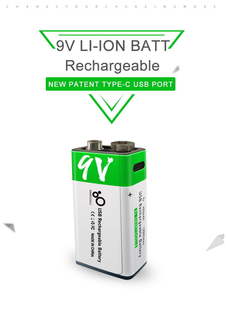 Smartoools Rechargeable 9V Type-C USB Lithium Ion Battery 650mAh Non Zinc Carbon Battery CE/FCC Certified 2-Year Warranty Smoke