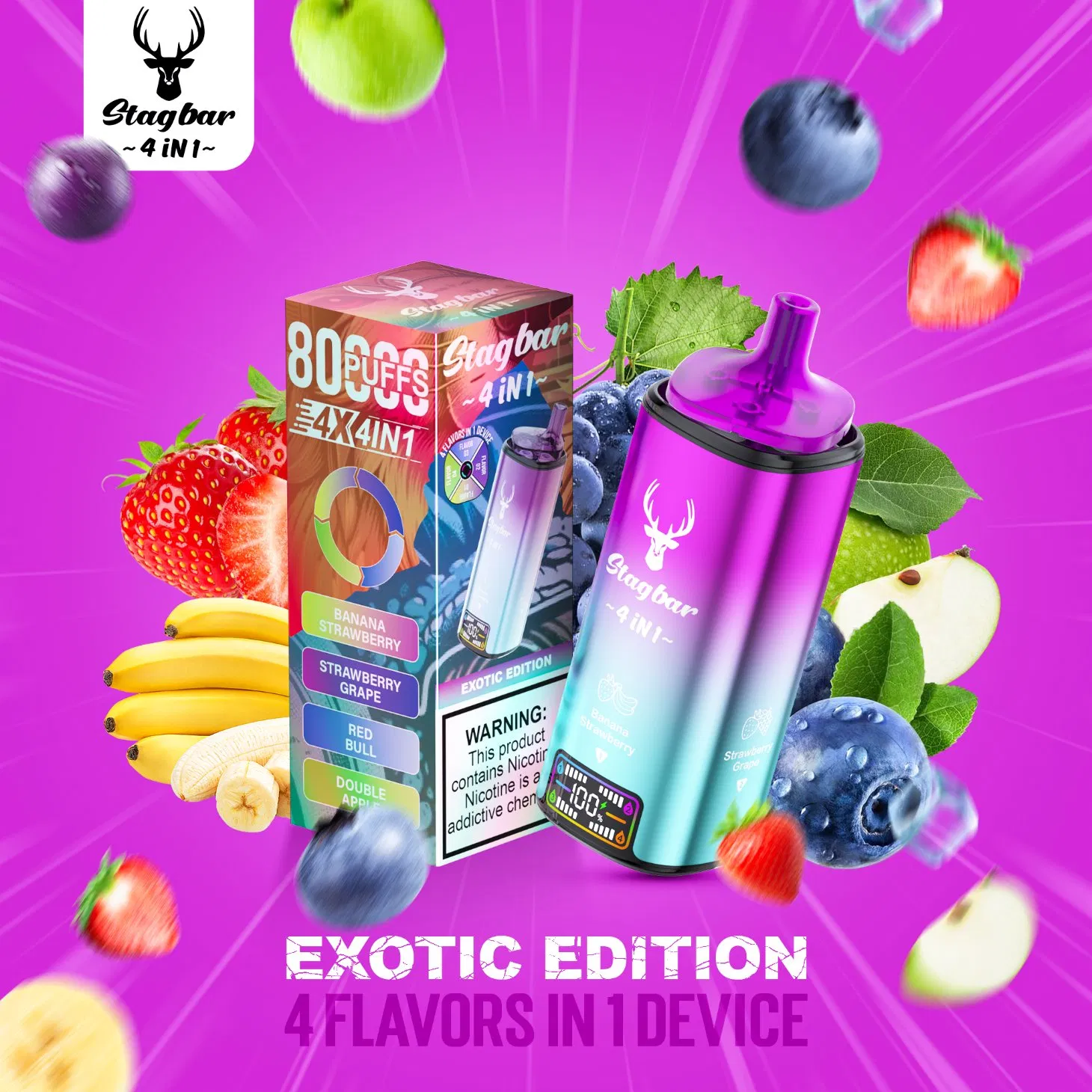 Stag Bar Prefilled Disposable Vape 4 in 1 80K 80000 Puffs with No Nicotine Nicotine Salt