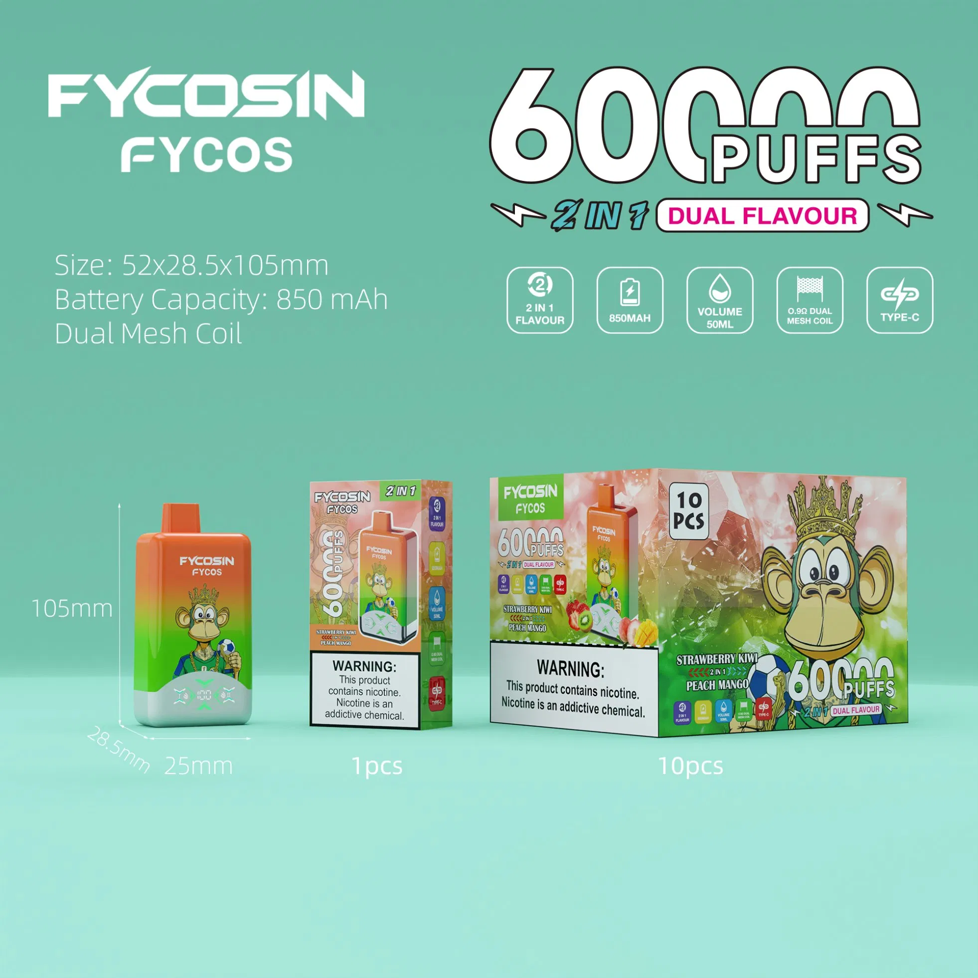 EU Warehouse Vape Fycosin 60000 Puffs Cheap Online E-Cigarette Shop Vapor Pen Zero Nicotine Buy Now Design Vaper Vape