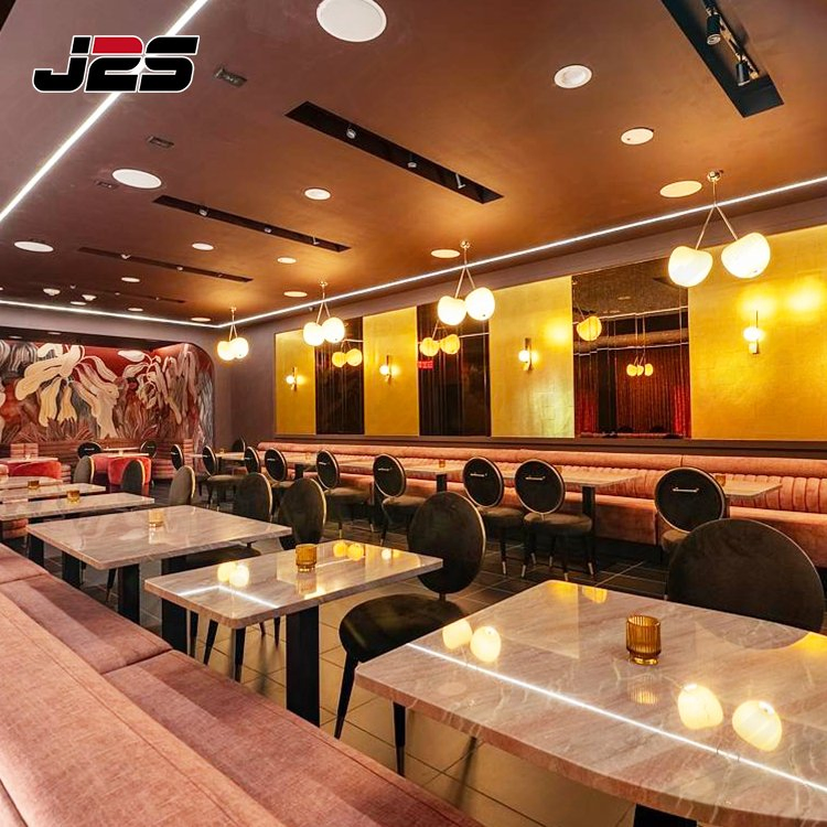 J2s Luxury Commercial Furniture Sets Pink Velvet Curved Booth Seating and Marble Tables for Lounge Club Project