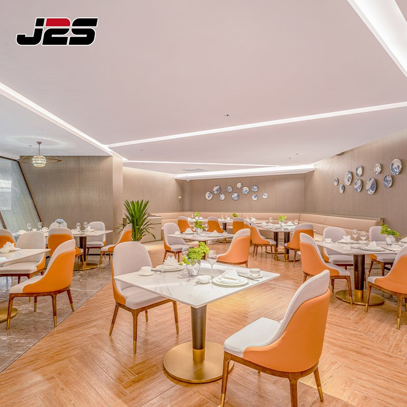 Two Tone Upholstered Chairs with Brass Tips Square Marble Tables Custom Booth Seating Commercial Restaurant Furniture