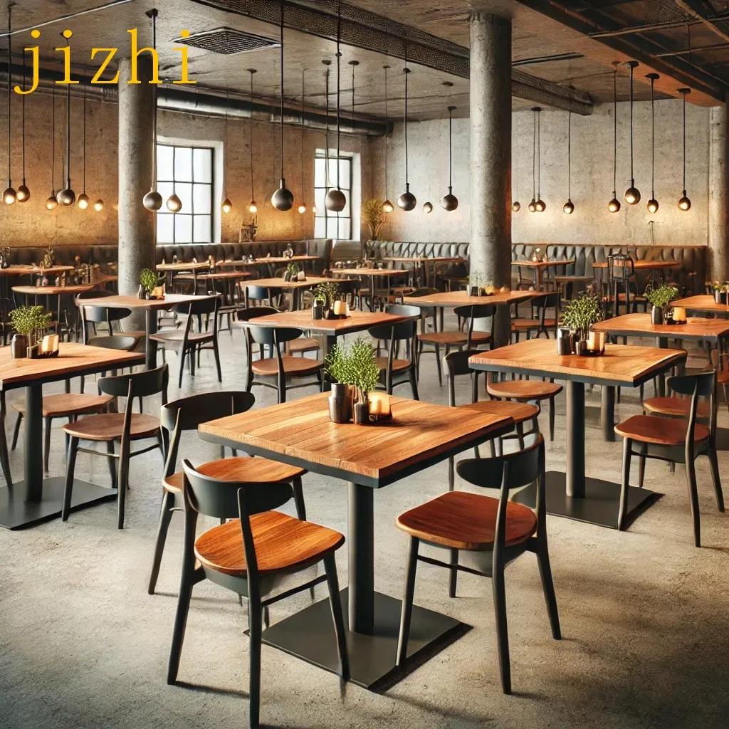 Heavy Duty Metal Frame Cafe Table and Wooden Chair Set for Commercial Dining Space