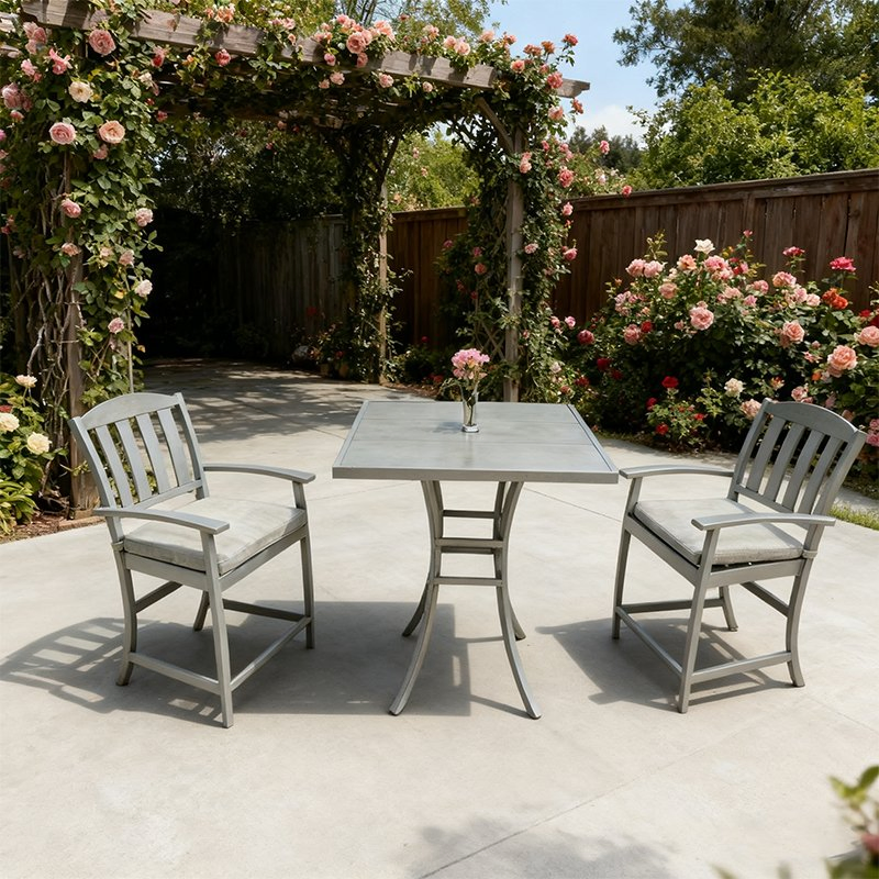 Modern Furniture Outdoor Backyard/Patio Garden Slate Grey 2-Piece Square Metal/Aluminum Dining Table Set with 2 Arm Chairs