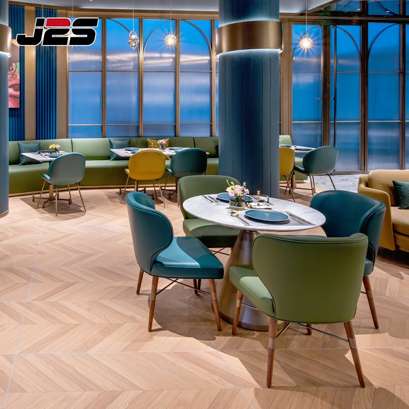 Modern Commercial Restaurant Furniture Boutique Bistro Arrangement Square Stone Tables Upholstered Seats Booth Seating