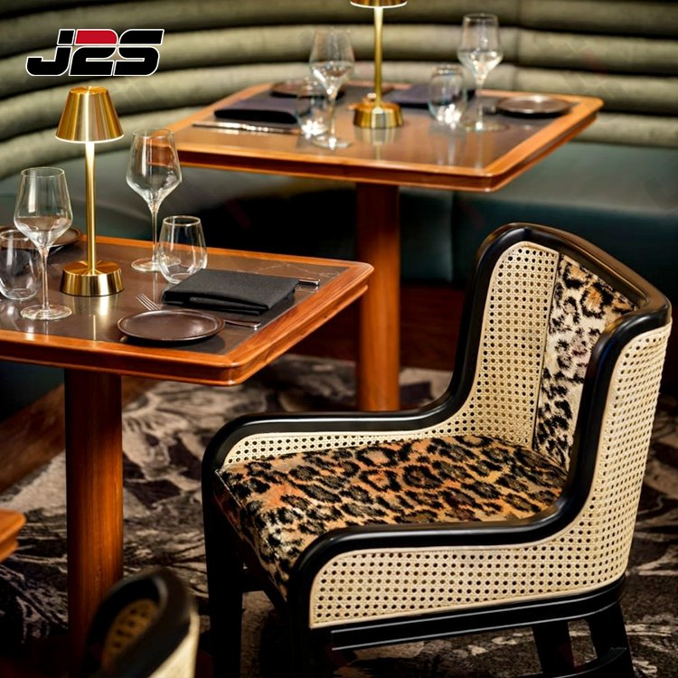 J2s Luxury Modern Restaurant Furniture Set with Upholstered Booth Seating Rattan Restaurant Chairs and Solid Wood Tables for Hotel Cafe Bar