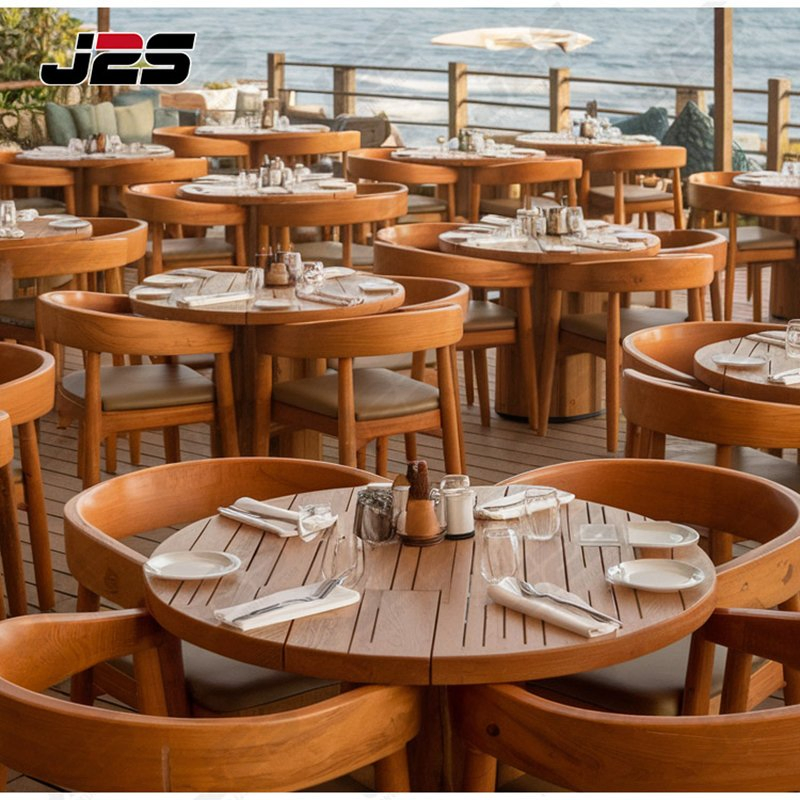 J2s Modern Commercial Restaurant Furniture Sets Round Solid Wood Table with Beige Leather Nailhead Chairs