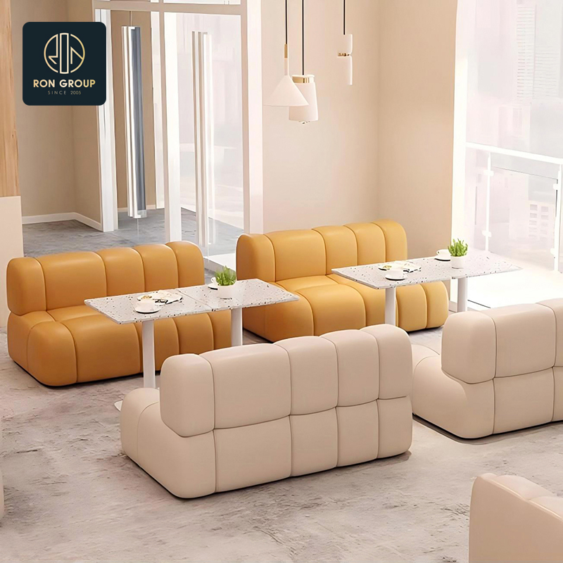 Restaurant Booth Seating Sofa in Orange and Beige with Modular Design and Marble Tables Set
