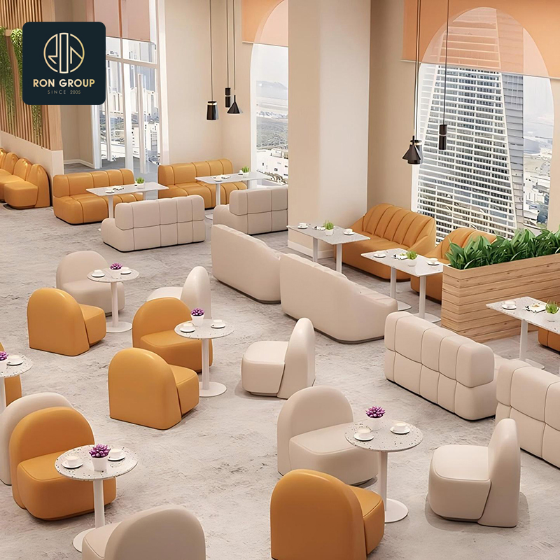 Restaurant Booth Seating Sofa in Orange and Beige with Modular Design and Marble Tables Set