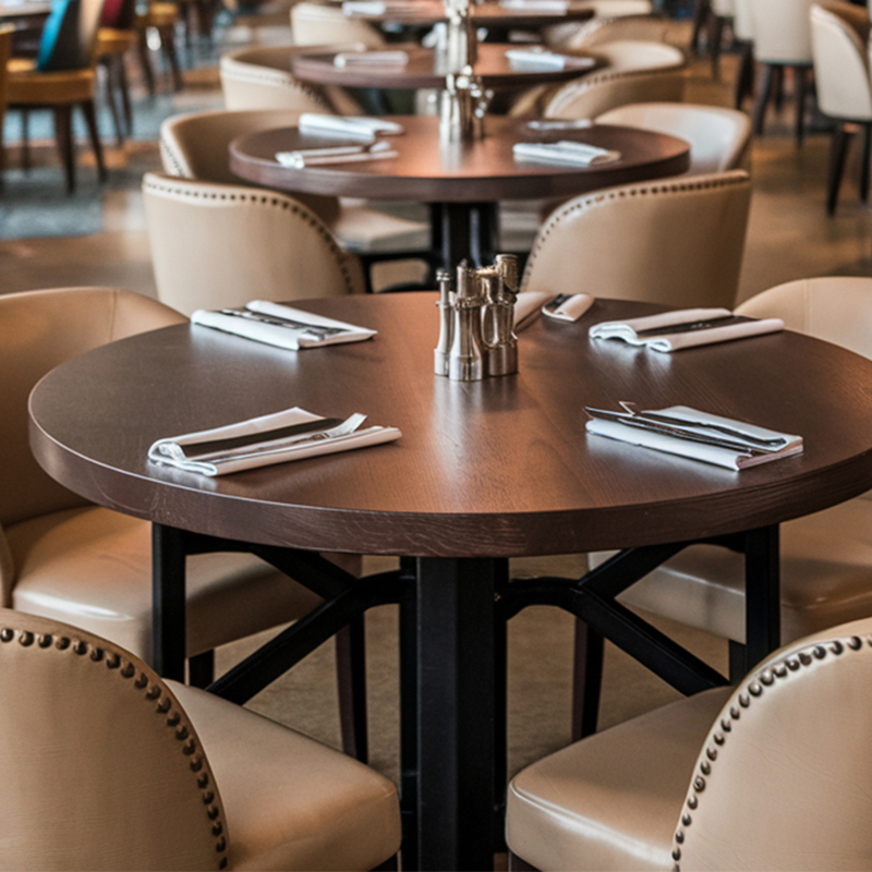 J2s Modern Commercial Restaurant Furniture Sets Round Solid Wood Table with Beige Leather Nailhead Chairs
