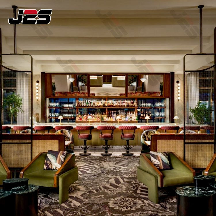 J2s Luxury Modern Restaurant Furniture Set with Upholstered Booth Seating Rattan Restaurant Chairs and Solid Wood Tables for Hotel Cafe Bar