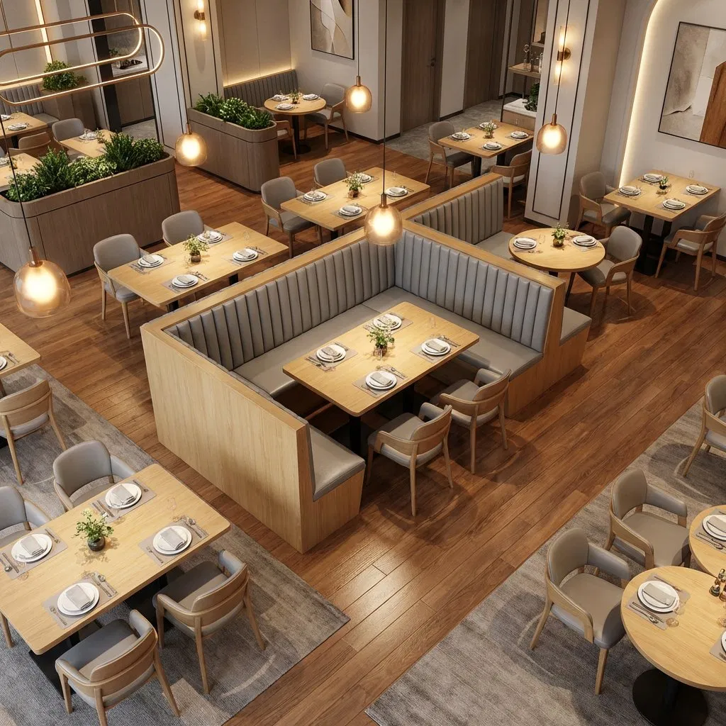 Double Side Fast Food Sofa Upholstered Booth Seating Cafe Shop and Restaurant Furniture Set with Table and Chairs