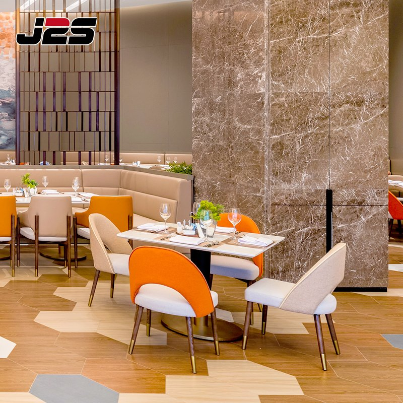 Two Tone Upholstered Chairs with Brass Tips Square Marble Tables Custom Booth Seating Commercial Restaurant Furniture