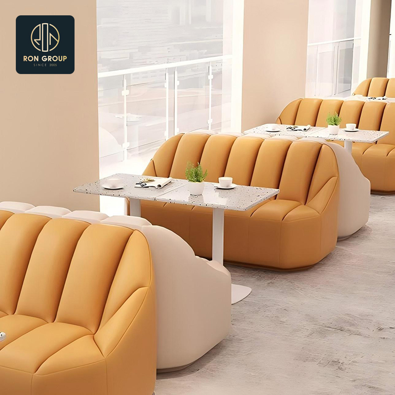 Restaurant Booth Seating Sofa in Orange and Beige with Modular Design and Marble Tables Set