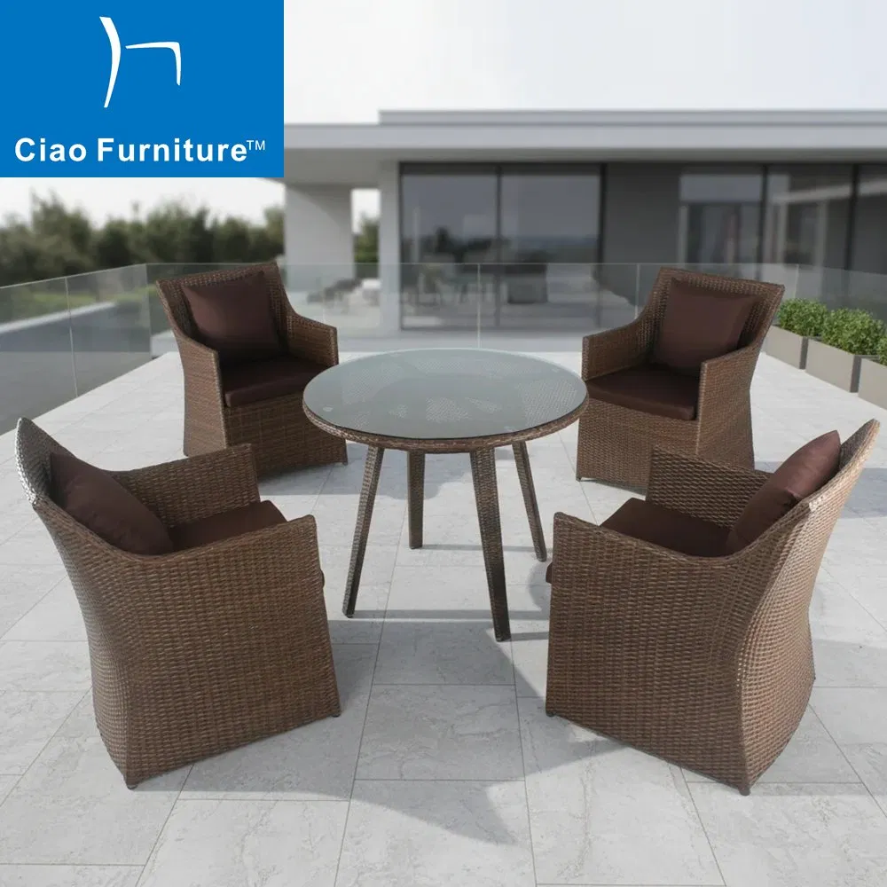 All Weather Patio Outdoor Brown PE Wicker Terrace Furniture Round Dining Table Chairs Set