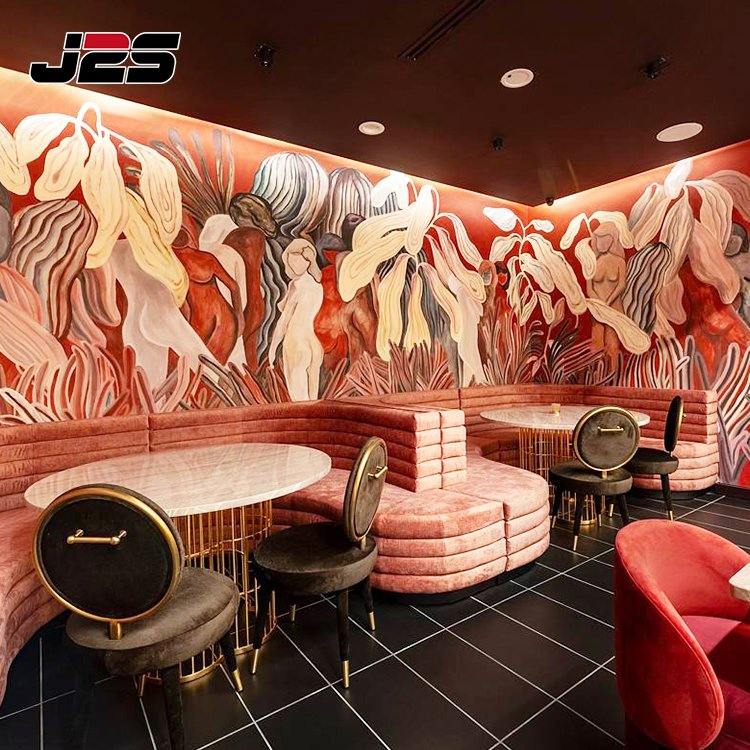 J2s Luxury Commercial Furniture Sets Pink Velvet Curved Booth Seating and Marble Tables for Lounge Club Project