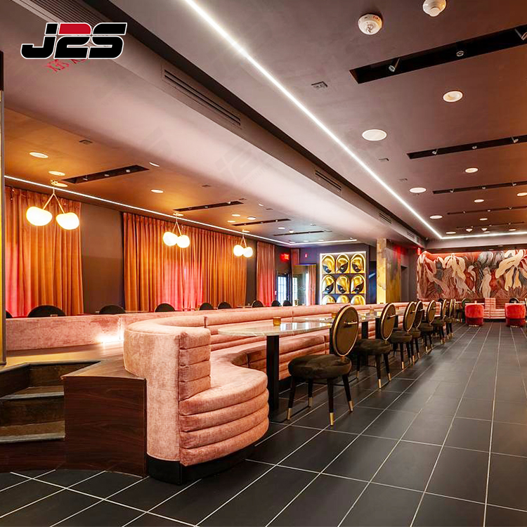 J2s Luxury Commercial Furniture Sets Pink Velvet Curved Booth Seating and Marble Tables for Lounge Club Project