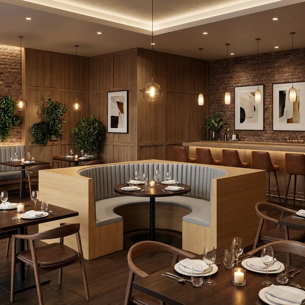 Double Side Fast Food Sofa Upholstered Booth Seating Cafe Shop and Restaurant Furniture Set with Table and Chairs